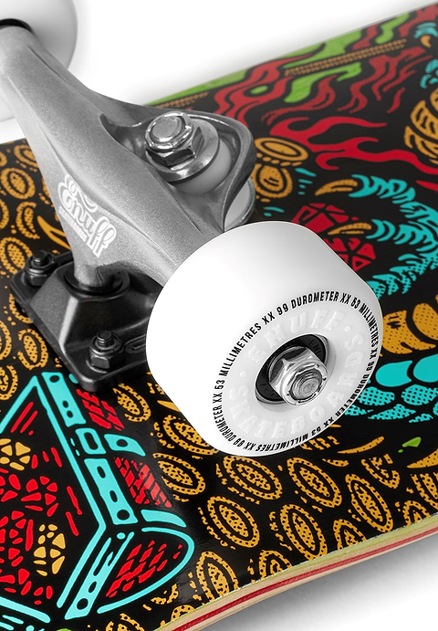 Close-up of the Enuff Yokai Dragon Complete Skateboard - 8.25" x 32.1" by Enuff, featuring a silver truck, white wheel, and a colorful maple deck with Japanese dragon graphics in red, blue, yellow, and turquoise.