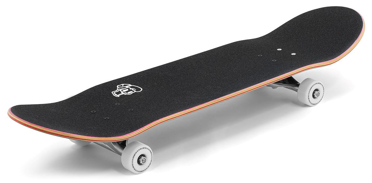 The Enuff Yokai Kitsune Complete Skateboard (8.25" x 32.1") features a black 7-ply maple deck with colored edges, upturned nose and tail, white wheels, silver trucks, and a subtle grip tape graphic for style and durability.