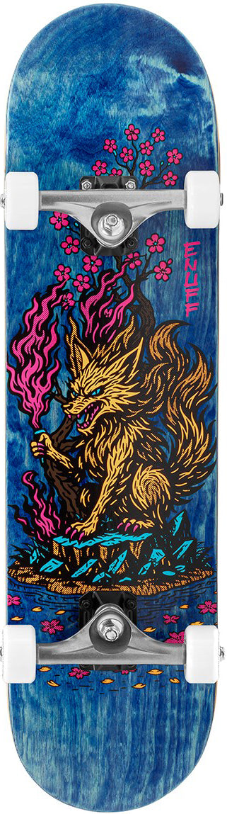 The Enuff Yokai Kitsune Complete Skateboard (8.25" x 32.1") by Enuff features a blue 7-ply maple deck with white wheels and a vibrant Japanese folklore graphic—a fox holding a flaming branch among pink flowers with intricate colorful details.