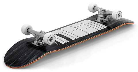 The Enuff Throwback Black Complete Skateboard (8.5" x 32.1") by Enuff, features a bold white geometric design on a black 7-ply maple deck, metallic trucks, and white wheels, displayed on a white background.