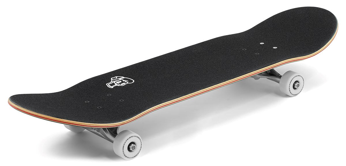 The Enuff Throwback Black Complete Skateboard (8.5" x 32.1") features 7-ply maple, white wheels, and a graphic grip tape. Shown from a side angle, its wooden edge and layered design evoke a subtle retro vibe. Brand: Enuff.