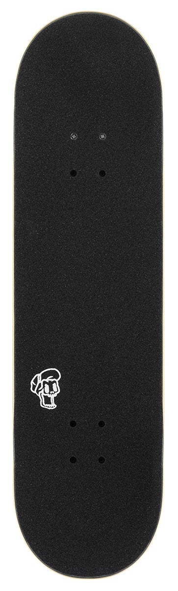 The Enuff Throwback Black Complete Skateboard (8.5" x 32.1") by Enuff features a 7-ply maple deck with grip tape, a skull-in-helmet graphic near the bottom center, visible truck holes, and delivers a cool retro vibe.