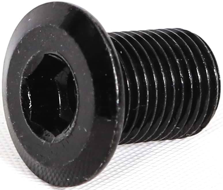 A close-up of the Ethic DTC Stunt Scooter Brake Bolt - Black, featuring a wide flange and threaded body, by Ethic DTC, resting on a white textured surface.