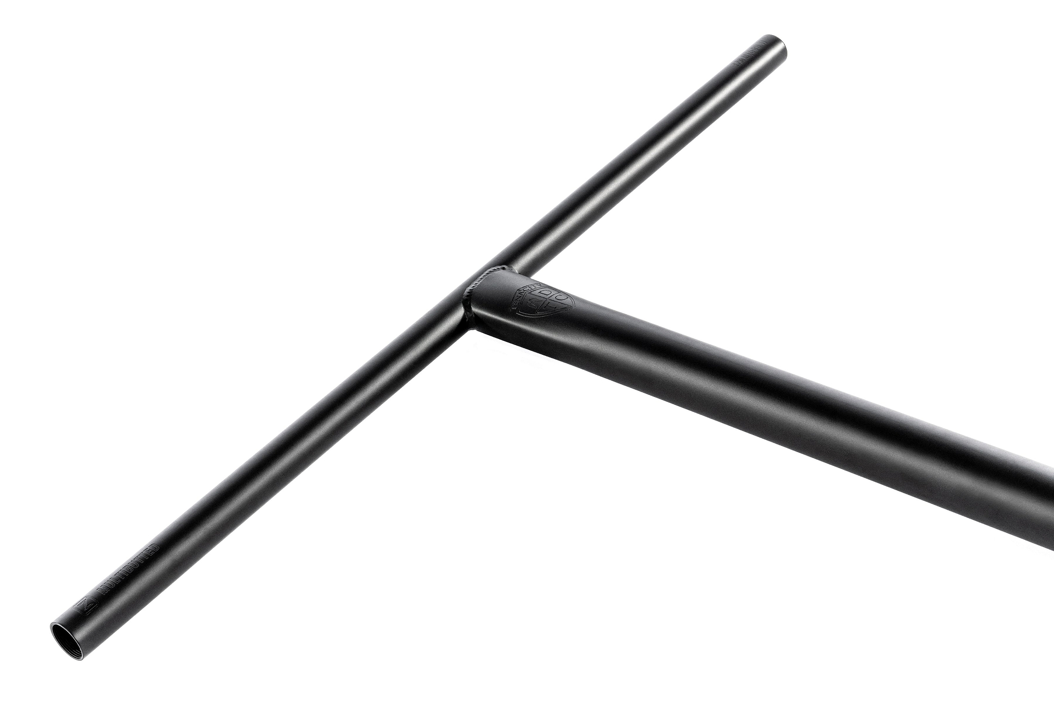 The Ethic DTC Tenacity V2 Steel Oversized HIC Stunt Scooter T-Bars, black, 770mm x 600mm, feature a T-shaped chromoly steel build with a cylindrical stem and horizontal grip bar—ideal for stunt scooters—shown on a white background.