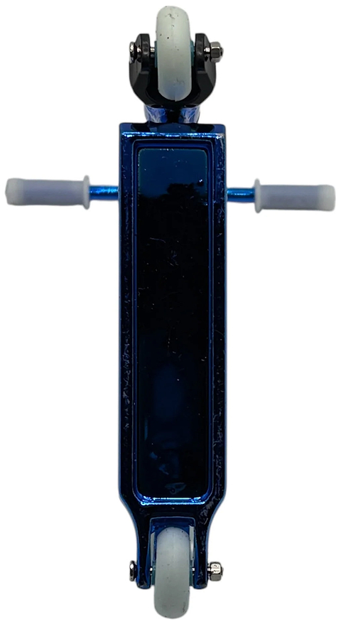 Top-down view of the Finger Whips Finger Toy Scooter - Blue Chrome with gray handlebars and wheels on a white background—a great addition to any Finger Whips collection.