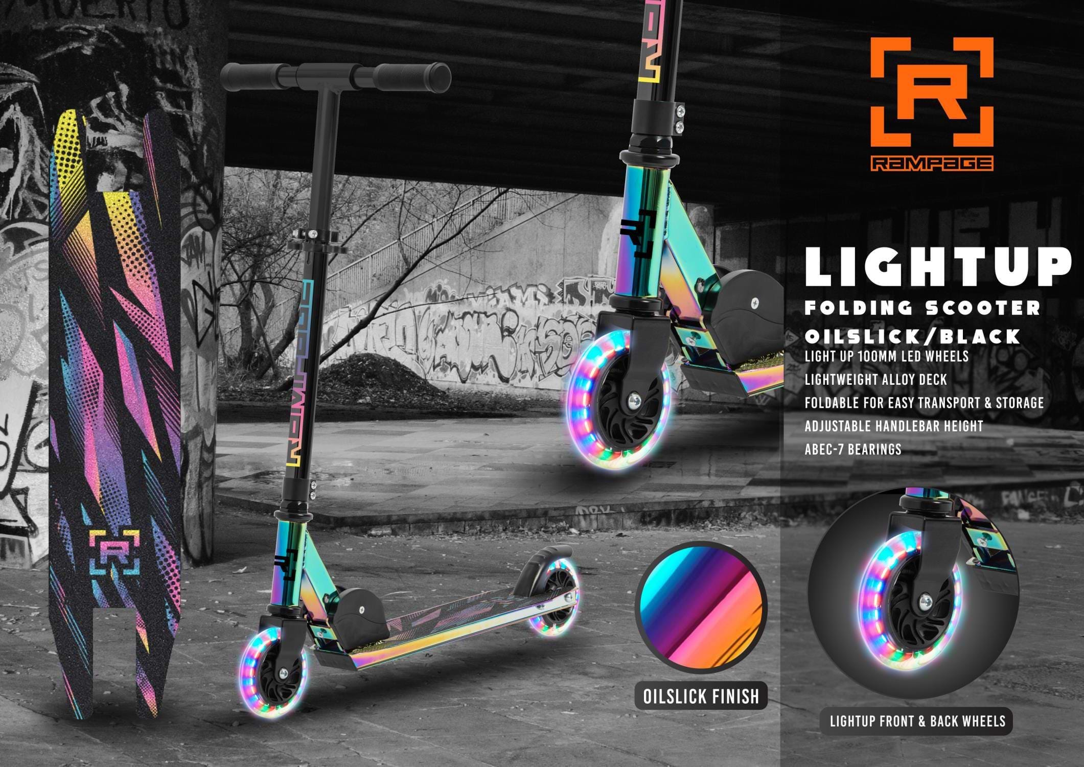 The Rampage Light Up Foldable Kick Scooter - Neochrome / Black for kids features an oil slick finish, LED light-up wheels, adjustable handlebar, lightweight alloy deck, and ABEC-7 bearings for a stylish and smooth ride.