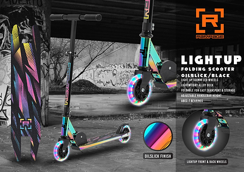 The Rampage Light Up Foldable Kick Scooter - Neochrome / Black for kids features an oil slick finish, LED light-up wheels, adjustable handlebar, lightweight alloy deck, and ABEC-7 bearings for a stylish and smooth ride.