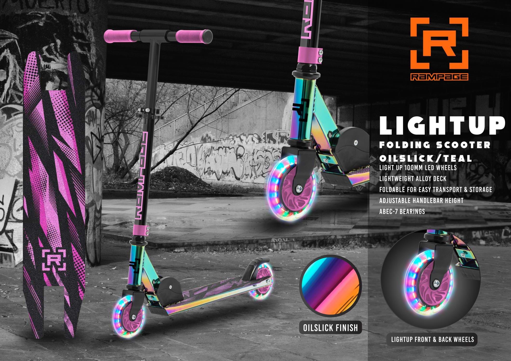 The Rampage Light Up Foldable Kick Scooter - Neochrome / Pink lifestyle image.
