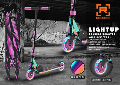 The Rampage Light Up Foldable Kick Scooter - Neochrome / Pink lifestyle image.