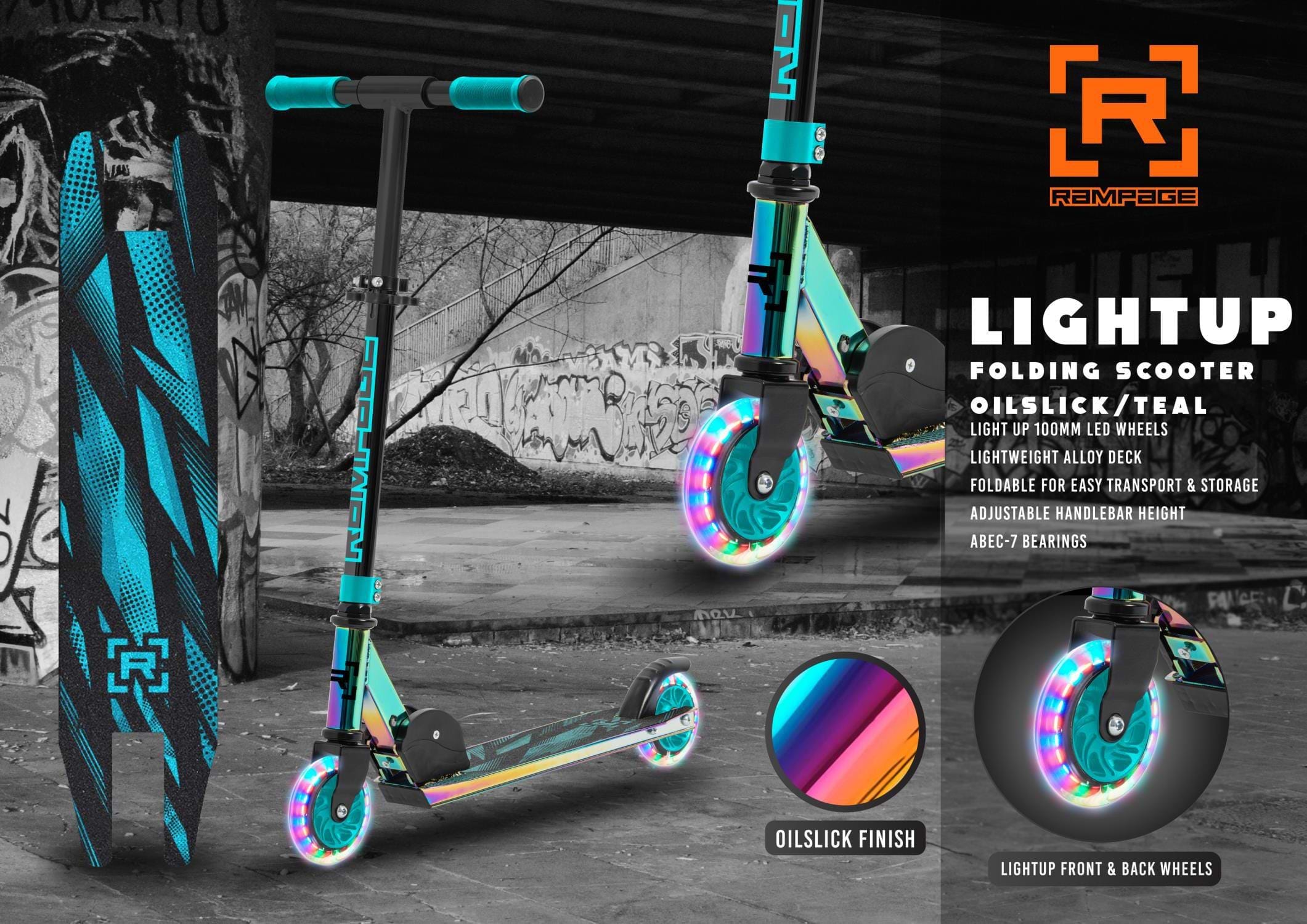 The Rampage Light Up Foldable Kick Scooter - Neochrome / Blue lifestyle image with feature highlights.