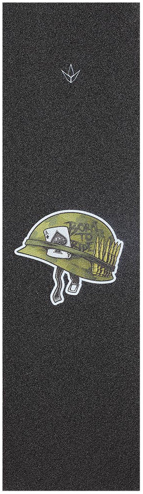 The Blunt Envy AOSV6 Stunt Scooter Griptape - Helmet features a black background with a central graphic of a green army helmet adorned with playing cards and bullet details, plus a subtle white Blunt Envy logo near the top—making it an ideal choice for your AOSV6 scooter setup.