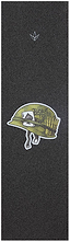 The Blunt Envy AOSV6 Stunt Scooter Griptape - Helmet features a black background with a central graphic of a green army helmet adorned with playing cards and bullet details, plus a subtle white Blunt Envy logo near the top—making it an ideal choice for your AOSV6 scooter setup.