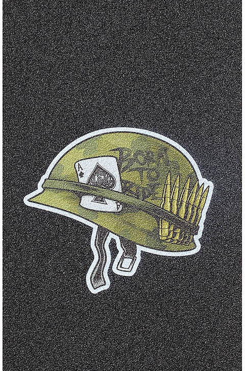 Featuring a bold, gritty design, the Blunt Envy AOSV6 Stunt Scooter Griptape - Helmet showcases a green military helmet with bullet cartridges and an ace of spades card, emblazoned with “Born to Die” on the side. Cartoon legs beneath the helmet give it a walking appearance, making this Blunt Envy griptape perfect for adding custom flair to your AOSV6 deck or any stunt scooter setup.