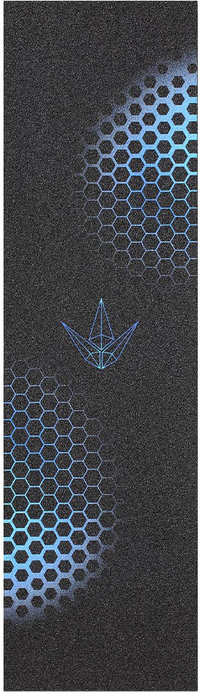 Black yoga mat with blue hexagon patterns on the top and bottom, and a blue origami bird design in the center—reminiscent of premium scooter grip tape like Blunt Envy Hex Stunt Scooter Griptape - Blue by Blunt Envy, for an extra touch of style.