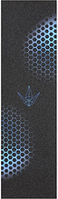 Black yoga mat with blue hexagon patterns on the top and bottom, and a blue origami bird design in the center—reminiscent of premium scooter grip tape like Blunt Envy Hex Stunt Scooter Griptape - Blue by Blunt Envy, for an extra touch of style.