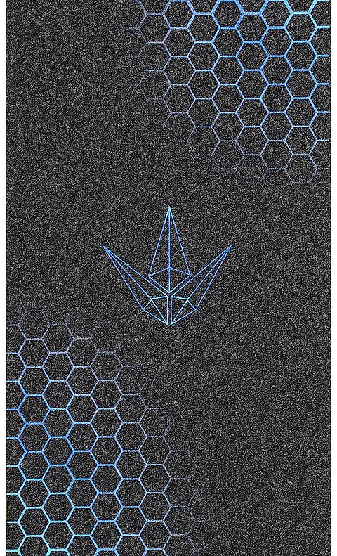 Featuring a textured black surface with blue geometric honeycomb patterns in two corners and a striking blue wireframe paper boat shape at the center, the Blunt Envy Hex Stunt Scooter Griptape - Blue is the perfect choice for riders looking to stand out with bold style from Blunt Envy.