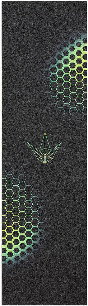 Featuring a striking black background, the Blunt Envy Hex Stunt Scooter Griptape - Green showcases green and yellow hexagon patterns in two corners and a bold geometric leaf design at the center, making it an ideal upgrade for your scooter from Blunt Envy.