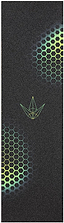 Featuring a striking black background, the Blunt Envy Hex Stunt Scooter Griptape - Green showcases green and yellow hexagon patterns in two corners and a bold geometric leaf design at the center, making it an ideal upgrade for your scooter from Blunt Envy.