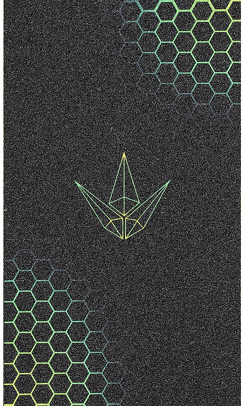 Featuring a black textured surface accented with green and yellow hexagonal patterns in two corners and a geometric leaf or boat shape outlined at the center, the Blunt Envy Hex Stunt Scooter Griptape - Green is inspired by premium design—ideal for enthusiasts searching for top-quality Blunt Envy scooter parts.