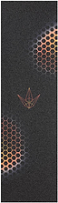 Featuring a black rectangular surface with two bold red hexagonal patterns—one in the upper right and one in the lower left—and an origami bird design at the center, all outlined with vibrant red and yellow lines, the Blunt Envy Hex Stunt Scooter Griptape - Red from Blunt Envy makes a standout addition to your scooter parts collection.