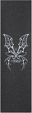 Featuring a striking white, ornate butterfly design with swirling, decorative patterns on its wings set against a black rectangular surface, the Blunt Envy AOSV6 Stunt Scooter Griptape - Kai Martin Signature combines top-notch grip and standout style for your scooter.