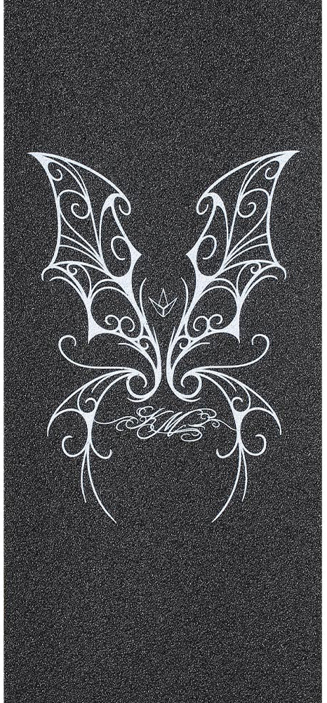 Featuring an intricate white butterfly design with stylized wings and swirling patterns on a black textured background, the Blunt Envy AOSV6 Stunt Scooter Griptape – Kai Martin Signature is perfect for adding standout style to your Blunt Envy deck.