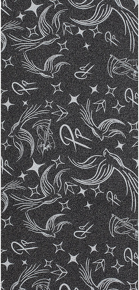 Abstract pattern of white line-art birds, stars, and swirls on a textured black background creates a dynamic and whimsical look—perfect for adding standout style to your Blunt Envy AOSV6 Stunt Scooter Griptape - Jonathan Perroni Signature.