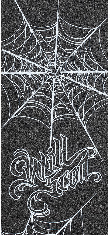 Show off your style with the Blunt Envy AOSV6 Stunt Scooter Griptape - Will Scott Signature, featuring white spider webs and “Will Scott” in decorative script on a textured black background. This unique griptape from Blunt Envy adds a striking look to your scooter deck.