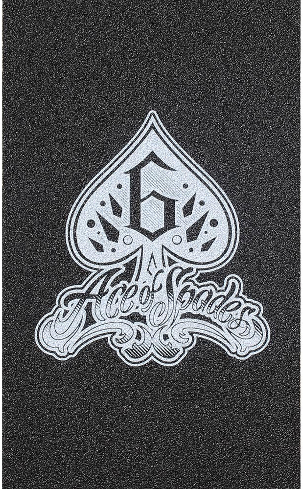 Featuring a black textured surface with a white spade graphic containing the number 6 and stylized “Ace of Spades” script below, the Blunt Envy AOSV6 Stunt Scooter Griptape - Spade combines standout style and grip to enhance your ride.