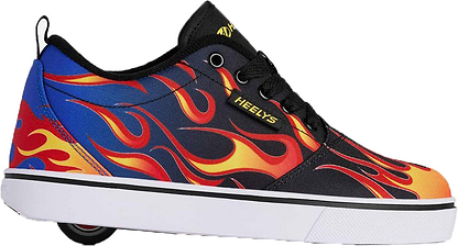 The Heelys Pro 20 Prints Boys Shoes by Heelys feature black laces, a black sole, and a vibrant flame pattern in red, yellow, and blue. Designed with boys in mind, this stylish single wheel model has a visible rear wheel for smooth rolling action.