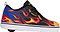 The Heelys Pro 20 Prints Boys Shoes by Heelys feature black laces, a black sole, and a vibrant flame pattern in red, yellow, and blue. Designed with boys in mind, this stylish single wheel model has a visible rear wheel for smooth rolling action.