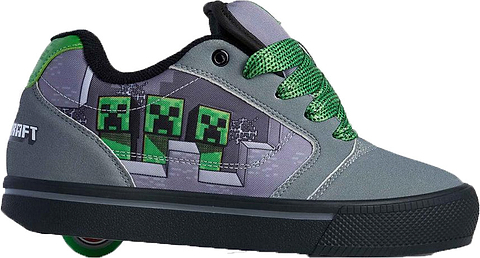 Heelys x Minecraft Pro 25 Prints Boys Shoes - Grey / Green feature gray and black uppers, green laces, Creeper faces, pixel graphics, a thick sole, and a wheel in the heel. From the Heelys boys shoes collection.