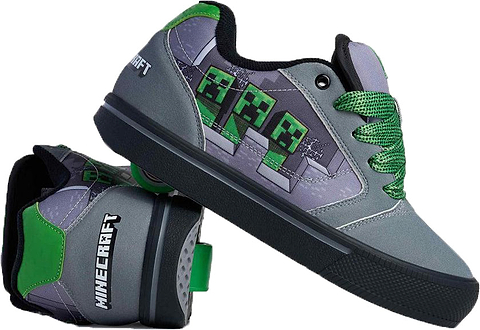 Heelys x Minecraft Pro 25 Prints Boys Shoes - Grey / Green feature Creeper faces on the sides, a “Minecraft” logo on the heel, and are part of the Heelys x Minecraft Pro 25 collection.