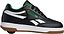 The Heelys x Reebok Classic Boys Shoes - Black / White / Gum feature black uppers, white details, green trim, and a hidden heel wheel—retro style from Heelys, displayed on a white background.