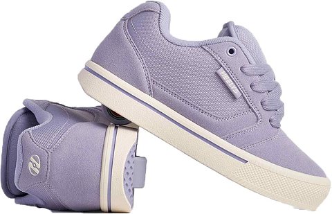 A pair of Heelys Pro 25 Girls Shoes - Purple / Cream, one upright and one on its side, display textured fabric, laces, a rubber sole, and a white stripe around the base.