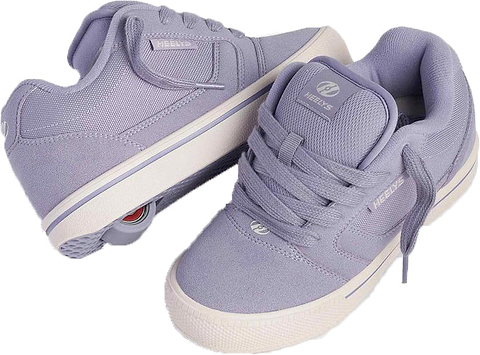A pair of Heelys Pro 25 Girls Shoes - Purple / Cream by Heelys, with one shoe displaying the wheel in the heel and the other showing off the laces, logo, and classic wheeled sneaker look.