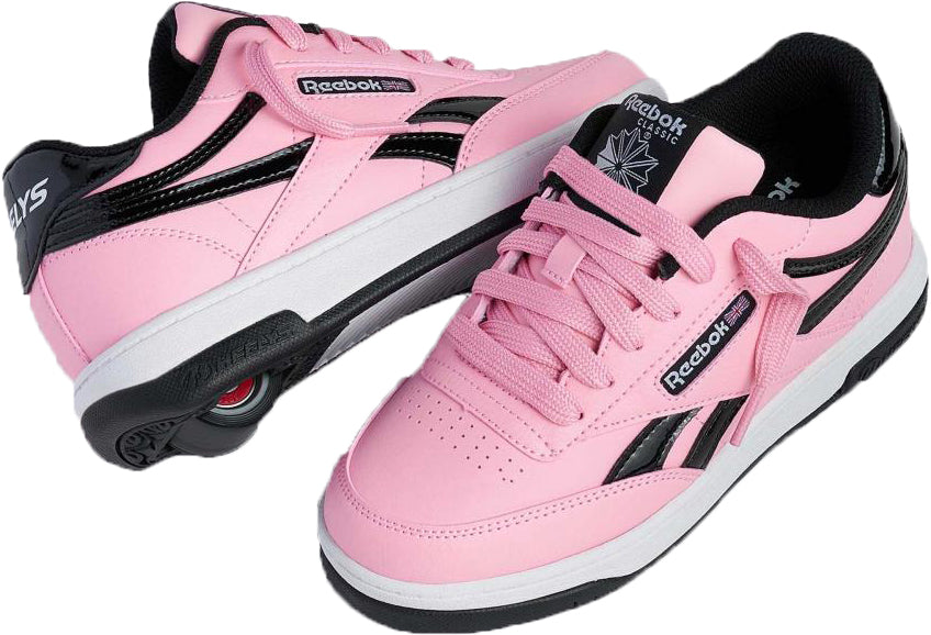 Heelys x Reebok Club C Girls Shoes - Candy Pink / Black / White feature a retractable heel wheel for smooth rolling and stylish fun, combining pink, black, and white in a cool girls sneaker.