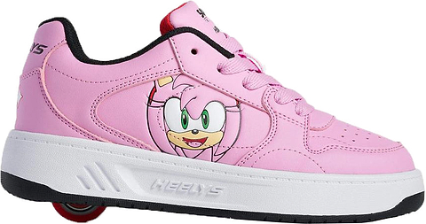 Pink Heelys x Sonic Gio Girls Shoes in Rose Pink / Black / Energy Red, featuring an illustration of Amy Rose on the side and a wheel embedded in the white heel sole.