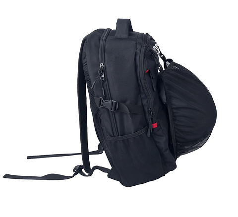 The CORE Scooter Skate Helmet Backpack - Black by CORE is shown from the side with visible shoulder straps, multiple zippered compartments, and mesh pockets, making it ideal for carrying your scooter or skate helmet.