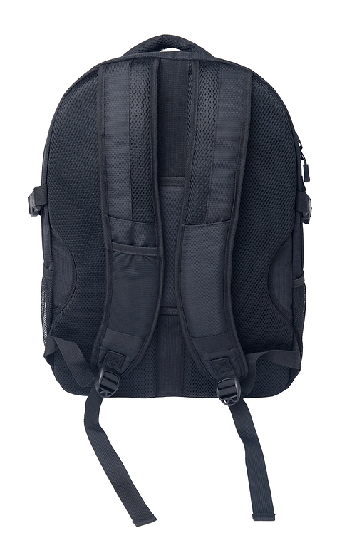 The CORE Scooter Skate Helmet Backpack in black, by CORE, is shown from the back with two padded shoulder straps, adjustable buckles, a top handle, and a hidden zip pocket, all isolated on a white background.