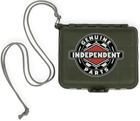 An olive green plastic box with a lanyard and a bold "Genuine Independent Parts" logo on the lid, perfect for storing your Independent Genuine Spare Tool Skateboard Set by Independent and other essential skateboard spare parts.