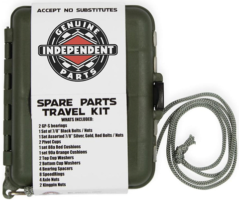 Rectangular olive-green case labeled “Independent Genuine Spare Tool Skateboard Set” containing a range of essential skateboard spare parts. Produced by Independent, this kit features a rope loop and a black-and-white label reading, “Accept No Substitutes.”.