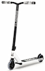 The Legacy Ventus Complete Stunt Scooter - White Glitter by Legacy features a wide deck, black handlebars with white patterned grips, small front and rear wheels, and bold branding on the white and black glitter frame and deck.
