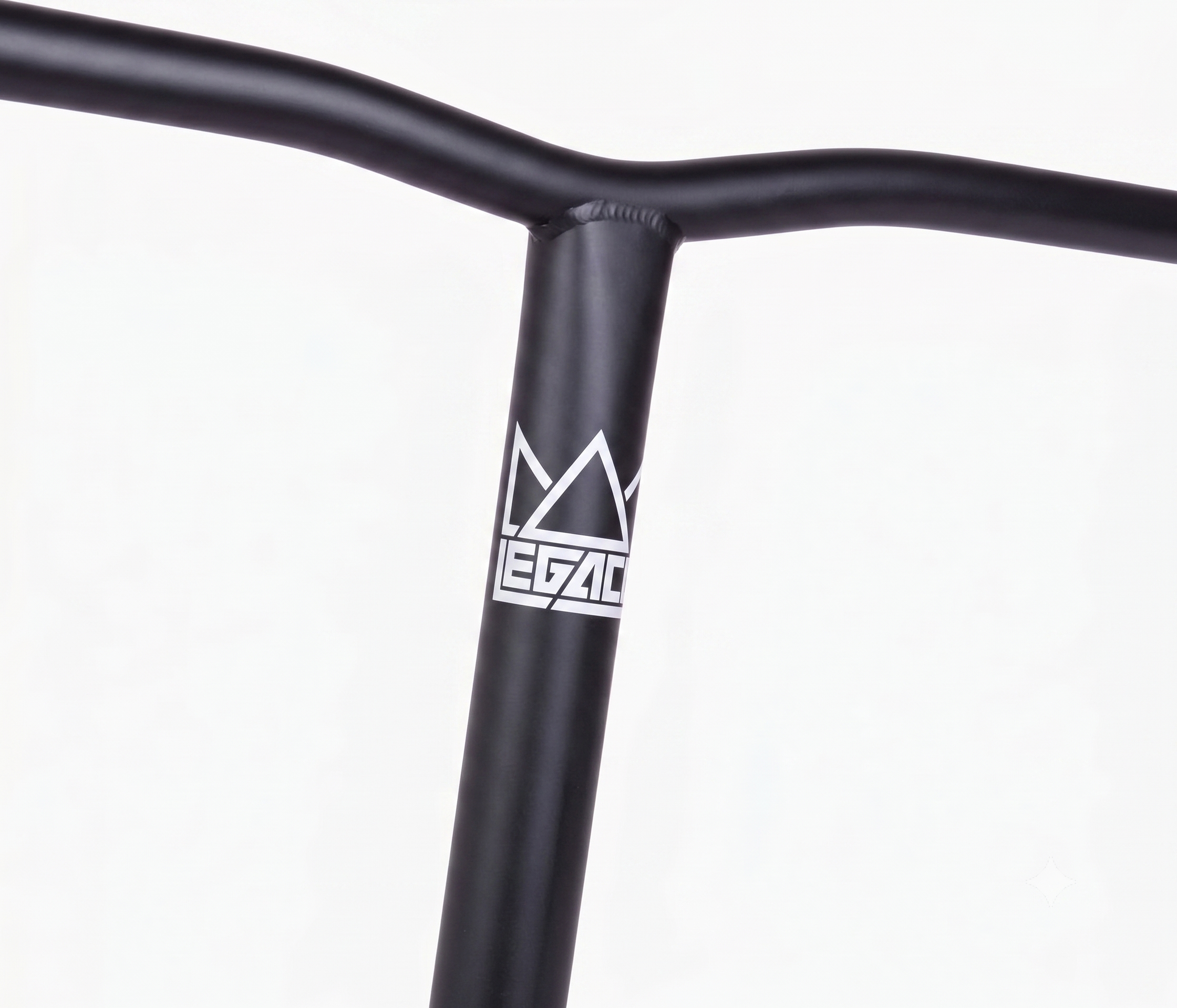 Close-up of the Legacy Steeltanium Chromo Lite Oversized HIC/SCS Stunt Scooter Bars in black (680mm x 610mm), featuring a white "LEGACY" logo with crown outline on durable chromoly steel, shown against a plain white background.