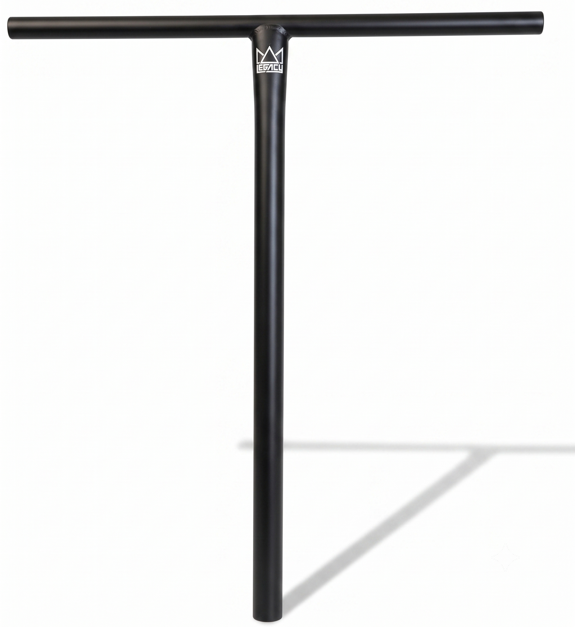 Legacy Titanium Oversized HIC Stunt Scooter T-Bars in black, measuring 690mm by 610mm, feature a classic T-bar handle with a central vertical stem and a small white Legacy logo at the intersection. Casting a faint shadow against a white background, these lightweight titanium handlebars are engineered by Legacy for both durability and style.