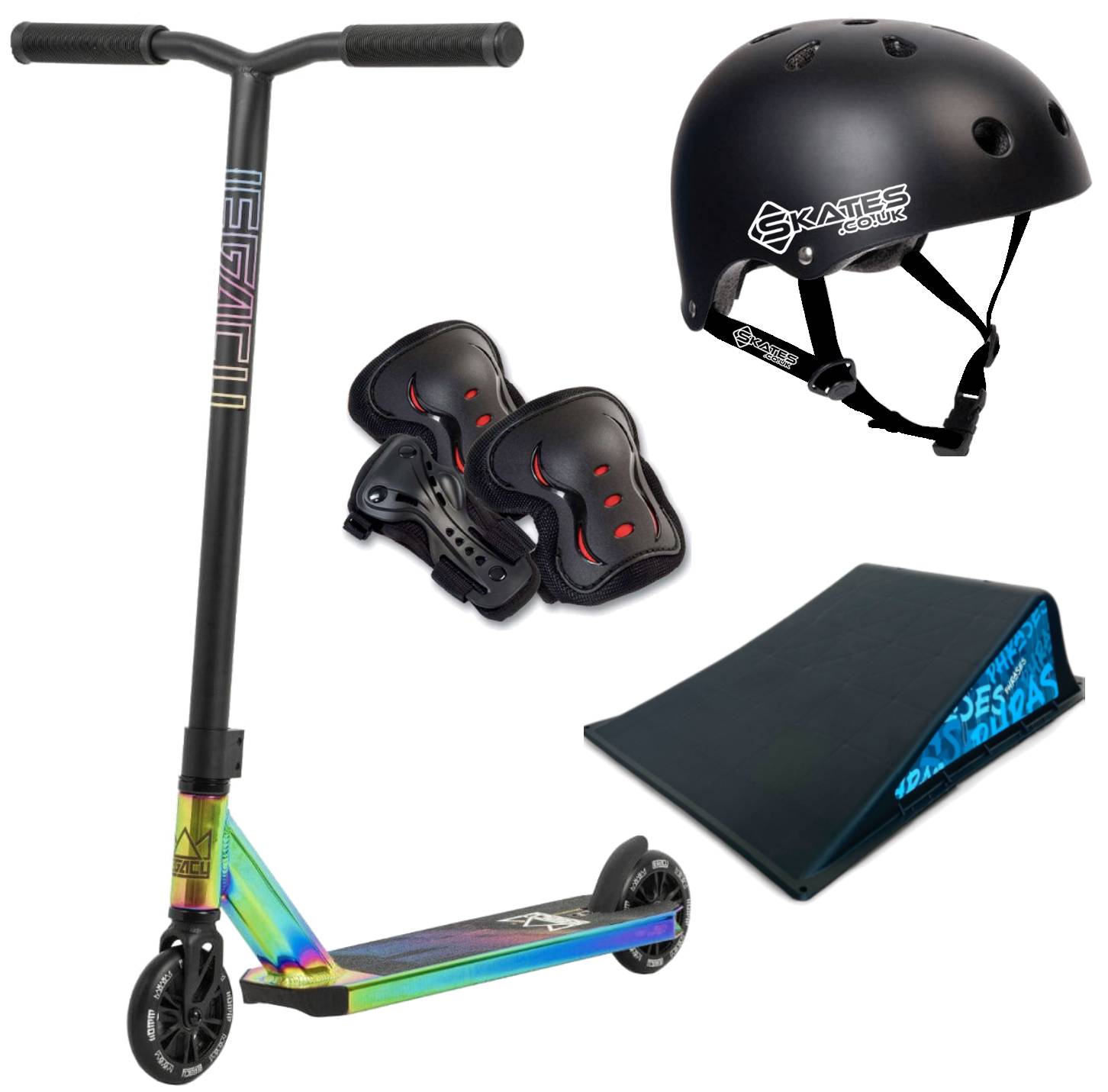 The Legacy Ventus Neochrome Stunt Scooter Starter Bundle by Legacy includes a vibrant scooter with black handlebars, a matching black helmet, black knee and elbow pads with red highlights, and a black ramp for beginner tricks.