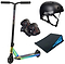 The Legacy Ventus Neochrome Stunt Scooter Starter Bundle by Legacy includes a vibrant scooter with black handlebars, a matching black helmet, black knee and elbow pads with red highlights, and a black ramp for beginner tricks.