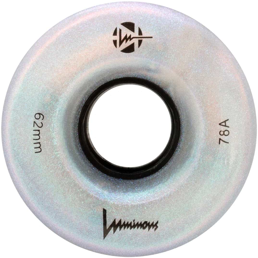 A close-up of a single Luminous LED 78A Quad Skate Wheel - Black Pearl 62mm by Luminous, showing "62mm" on the left, "78A" on the right, and "Luminous" below—ideal for outdoor skating fans.