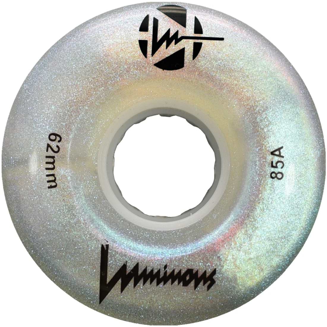 A close-up of a Luminous LED 85A Quad Skate Wheel in White Pearl (62mm), featuring an iridescent, sparkly finish and the "Luminous" label.