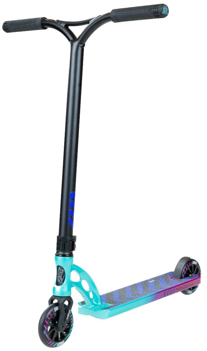 The Madd Gear MGP VX Origin IV 450 Complete Stunt Scooter - Gravitron features a teal and purple design, black handlebar, patterned deck, and small wheels—perfect for park riders—shown on a white background.